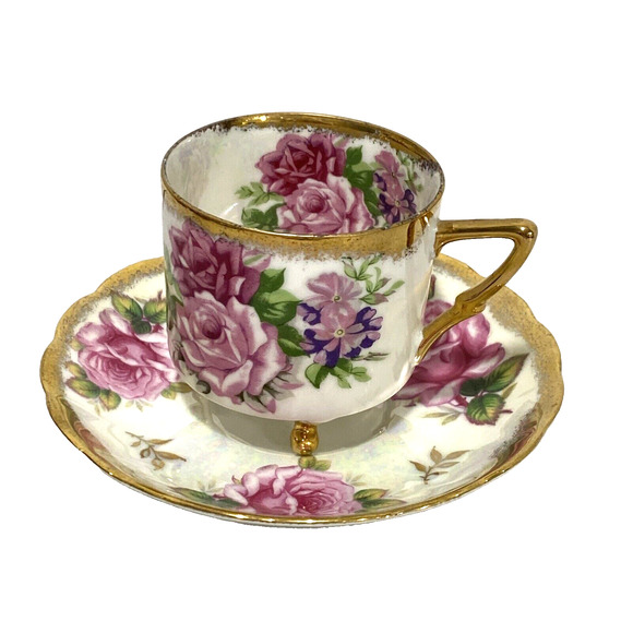 LM Royal Halsey Tea Cup & Saucer Set Iridescent Porcelain Pink Roses & Gold Trim - Picture 1 of 12